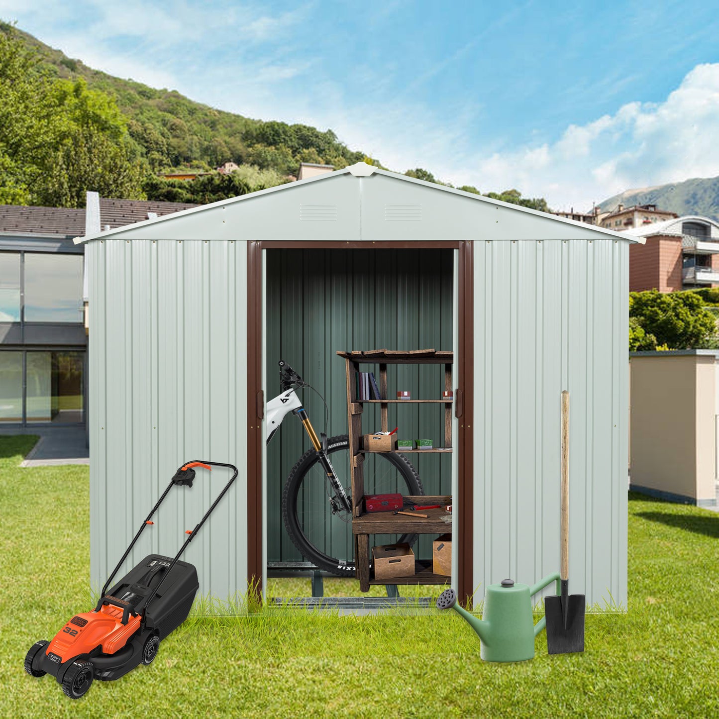6ft x 5ft Outdoor Storage Shed with Metal Floor-to-Ceiling Lockable Sliding Door- White
