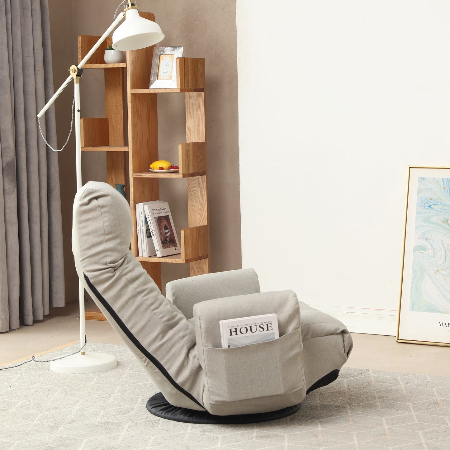Swivel Indoor Recliner Floor Chair with Adjustable Headrest and Side Pockets- Gray