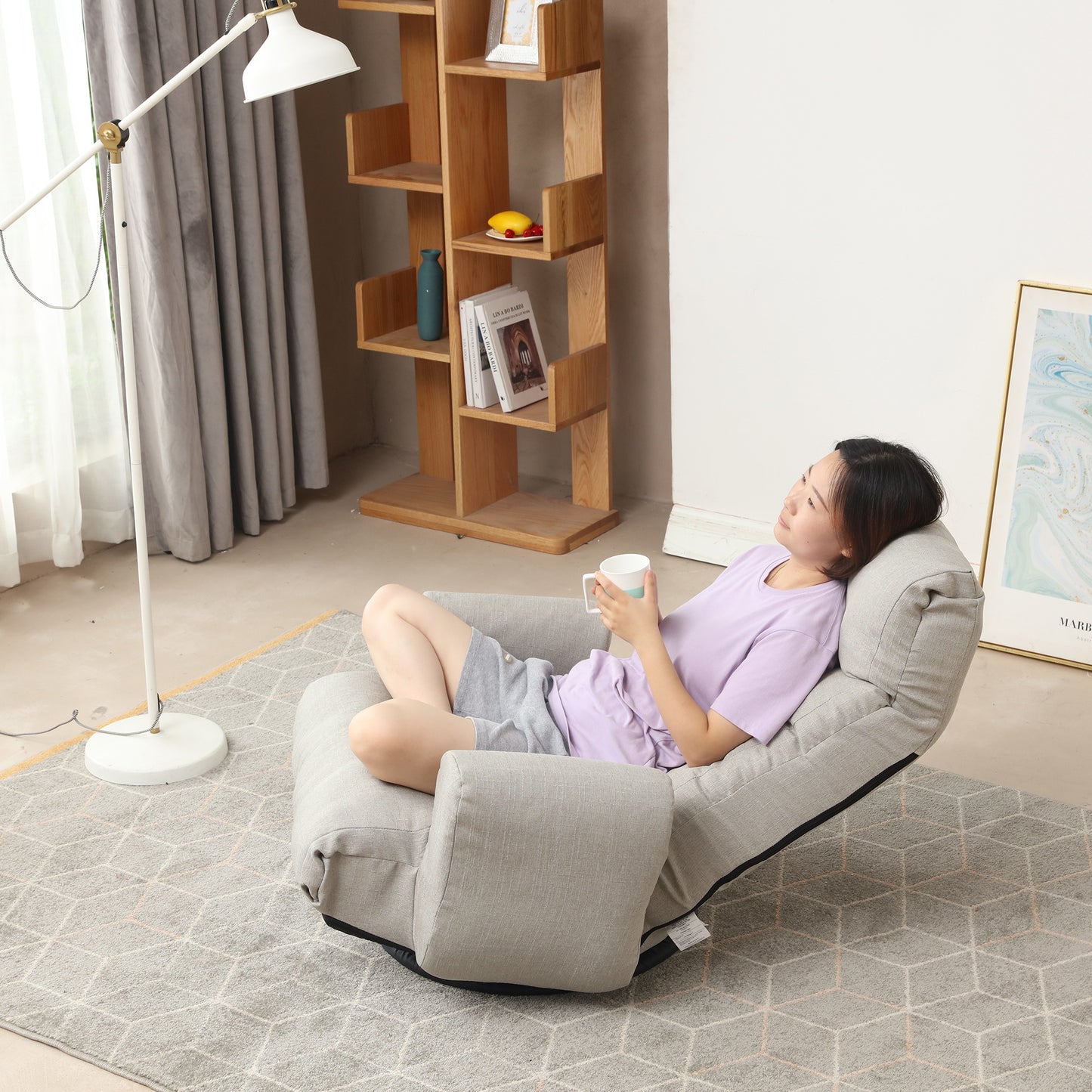 Swivel Indoor Recliner Floor Chair with Adjustable Headrest and Side Pockets- Gray
