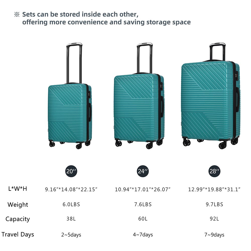 3-Piece Lightweight Hard-shell Luggage Set with Double Spinner Wheels and TSA Lock - Green