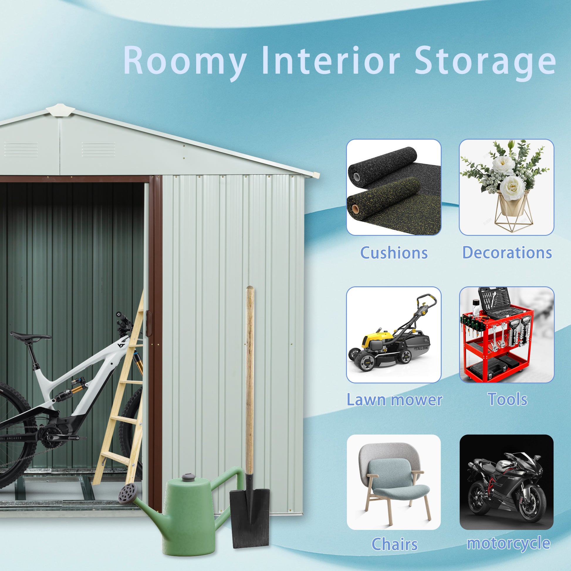 6ft x 5ft Outdoor Storage Shed with Metal Floor-to-Ceiling Lockable Sliding Door- White