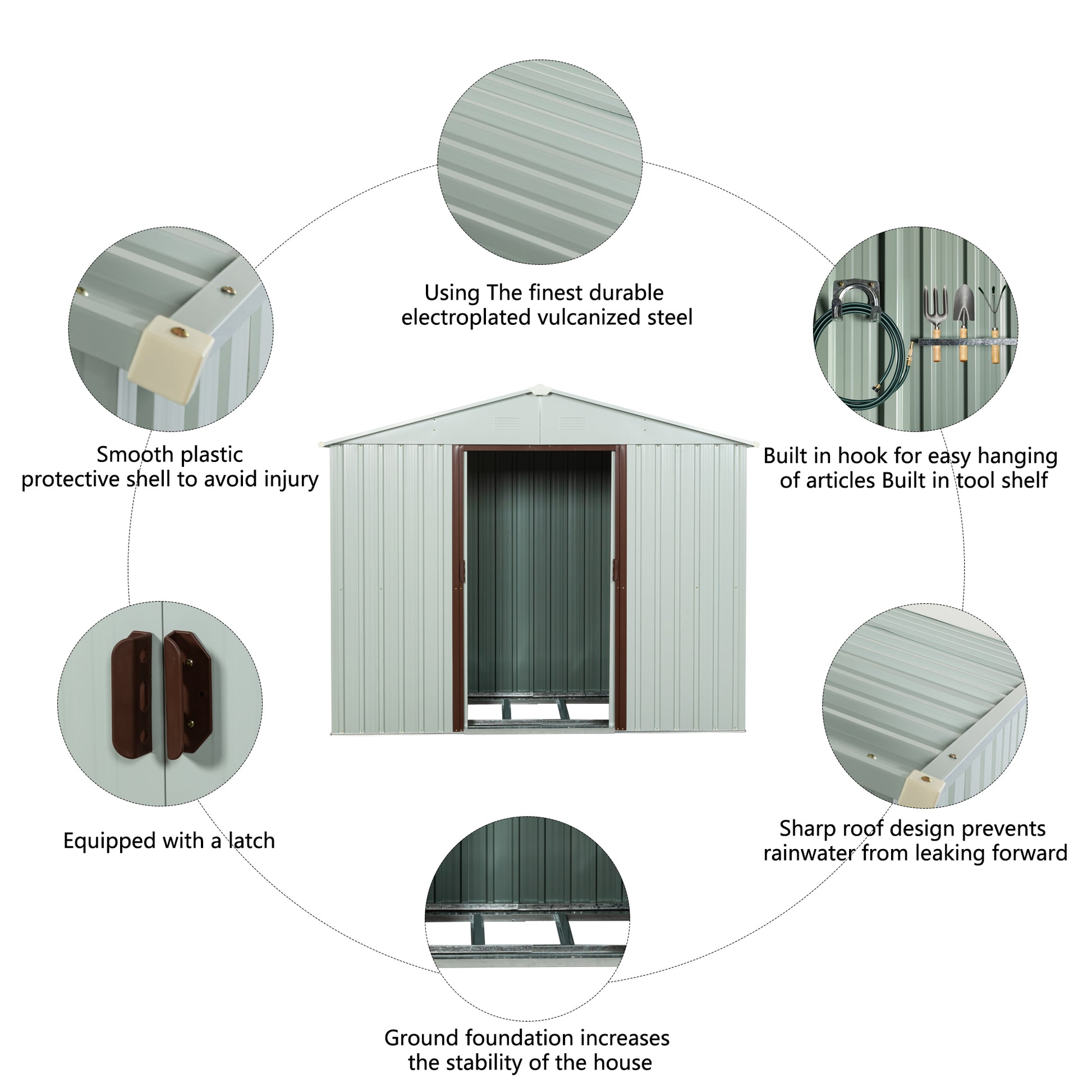 6ft x 5ft Outdoor Storage Shed with Metal Floor-to-Ceiling Lockable Sliding Door- White