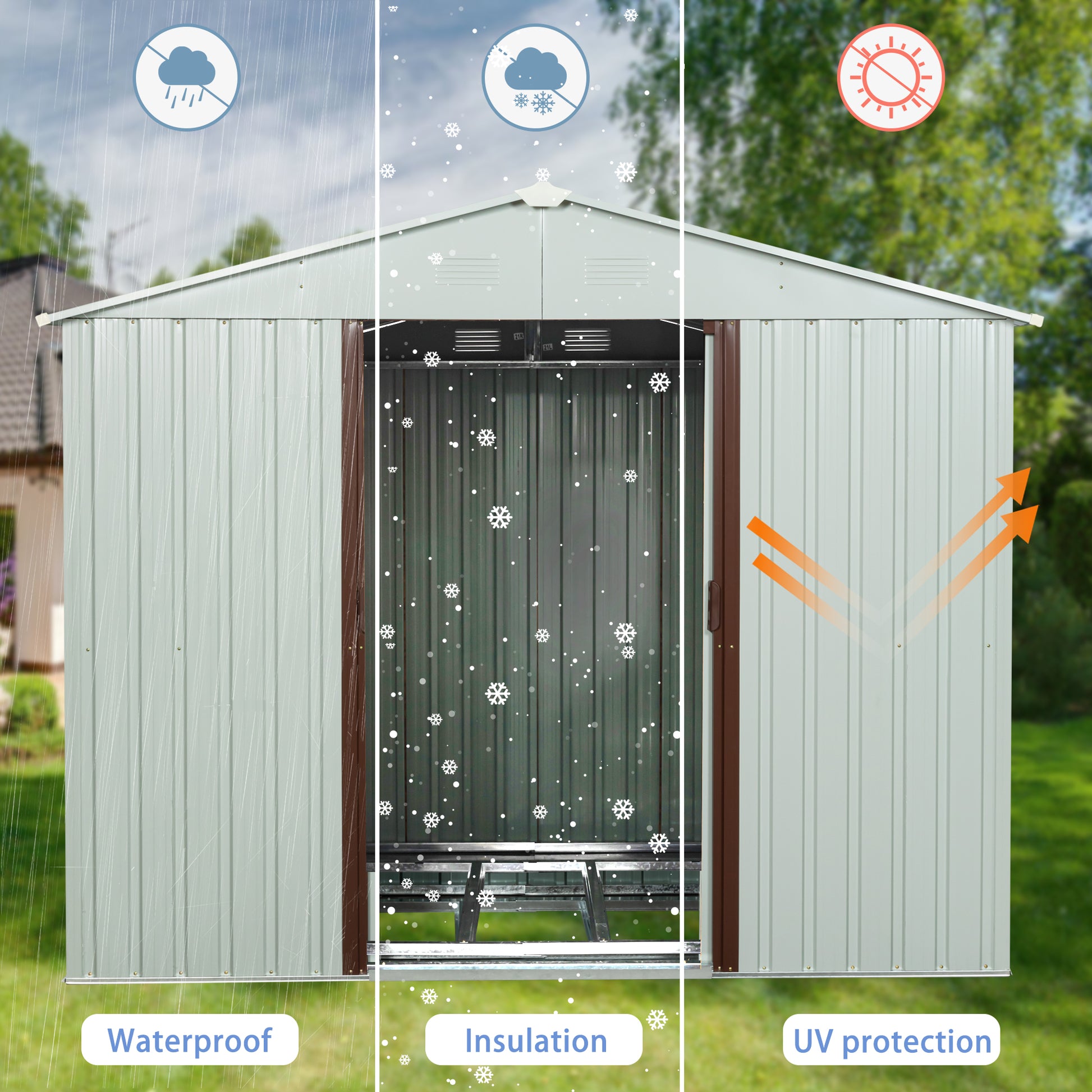 6ft x 5ft Outdoor Storage Shed with Metal Floor-to-Ceiling Lockable Sliding Door- White