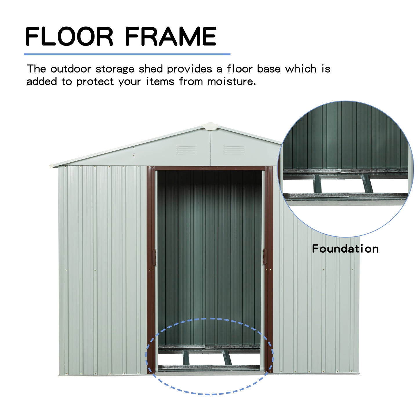 6ft x 5ft Outdoor Storage Shed with Metal Floor-to-Ceiling Lockable Sliding Door- White