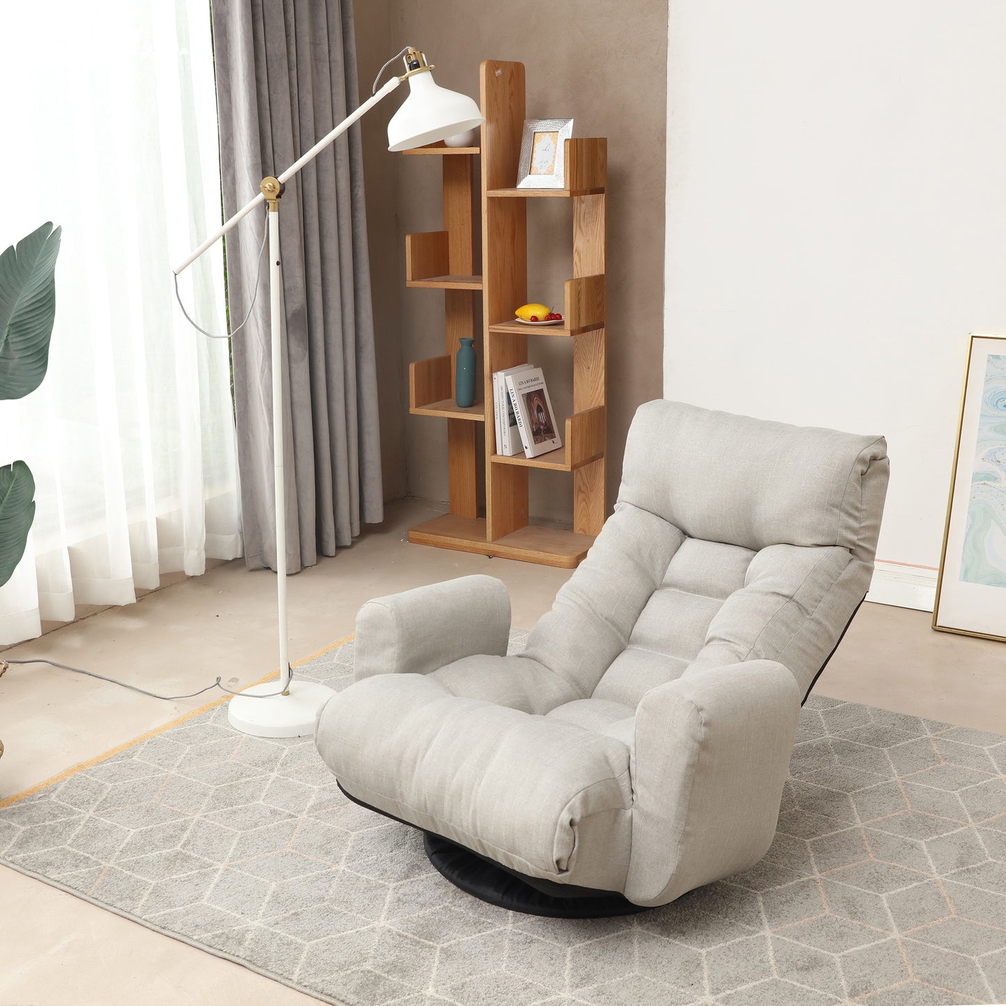 Swivel Indoor Recliner Floor Chair with Adjustable Headrest and Side Pockets- Gray