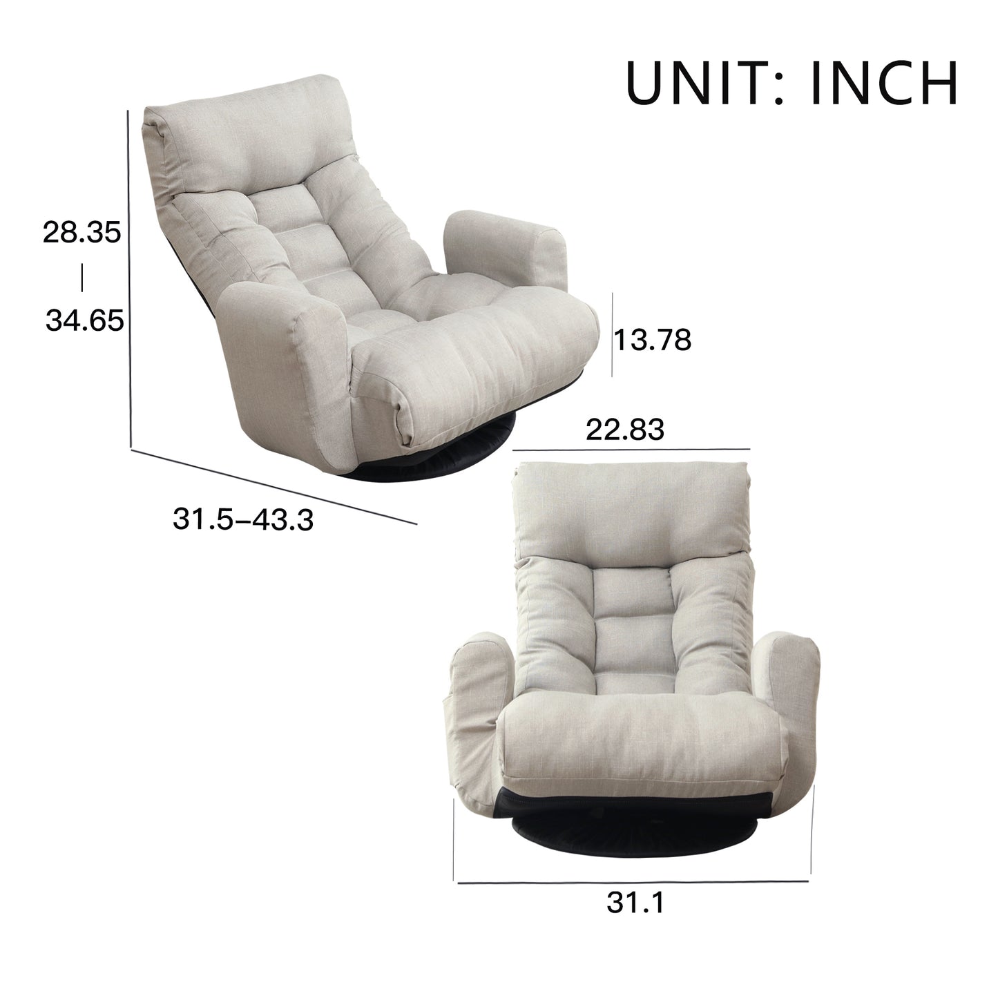 Swivel Indoor Recliner Floor Chair with Adjustable Headrest and Side Pockets- Gray