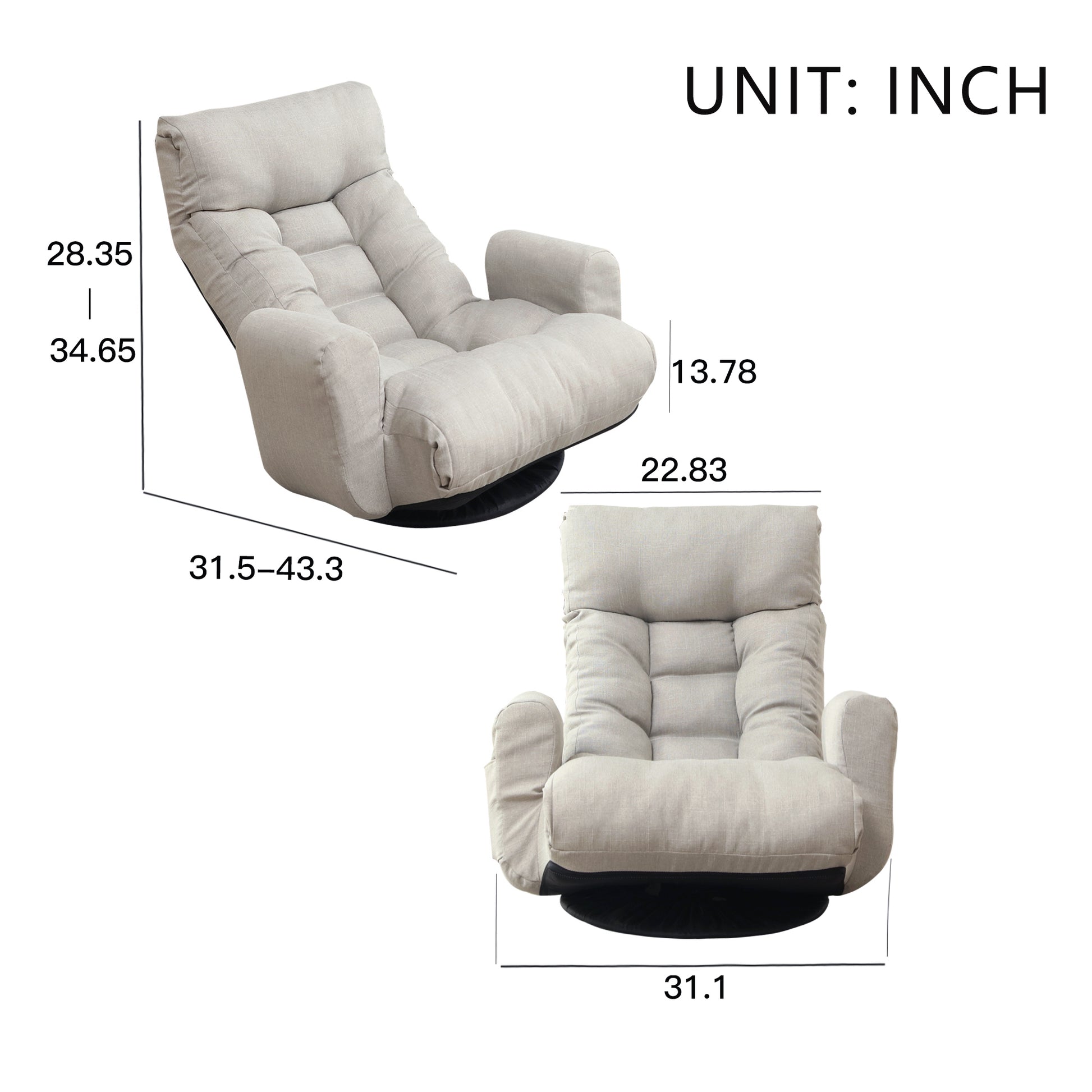 Swivel Indoor Recliner Floor Chair with Adjustable Headrest and Side Pockets- Gray