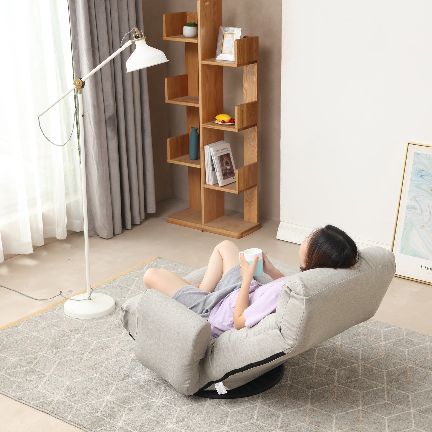 Swivel Indoor Recliner Floor Chair with Adjustable Headrest and Side Pockets- Gray