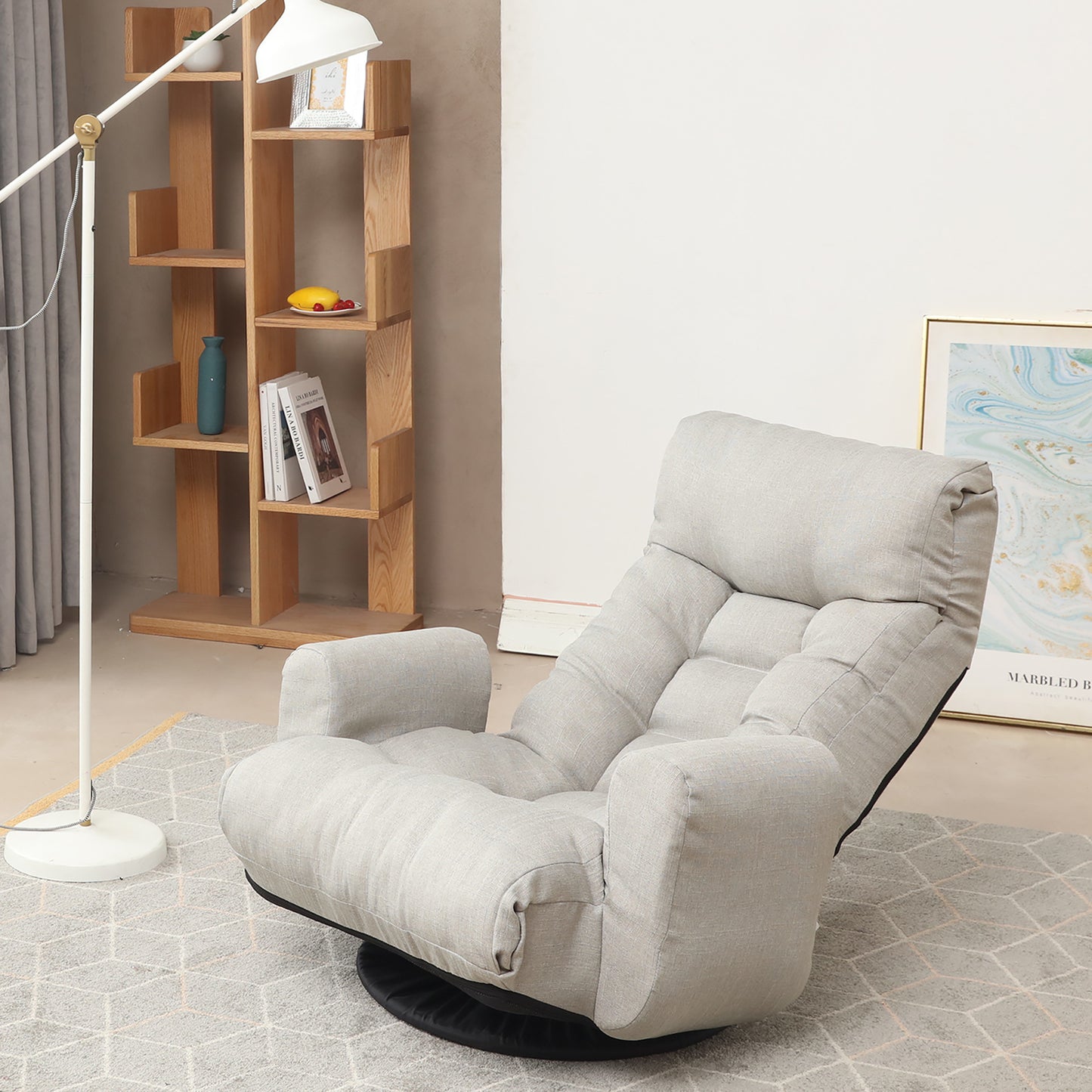 Swivel Indoor Recliner Floor Chair with Adjustable Headrest and Side Pockets- Gray