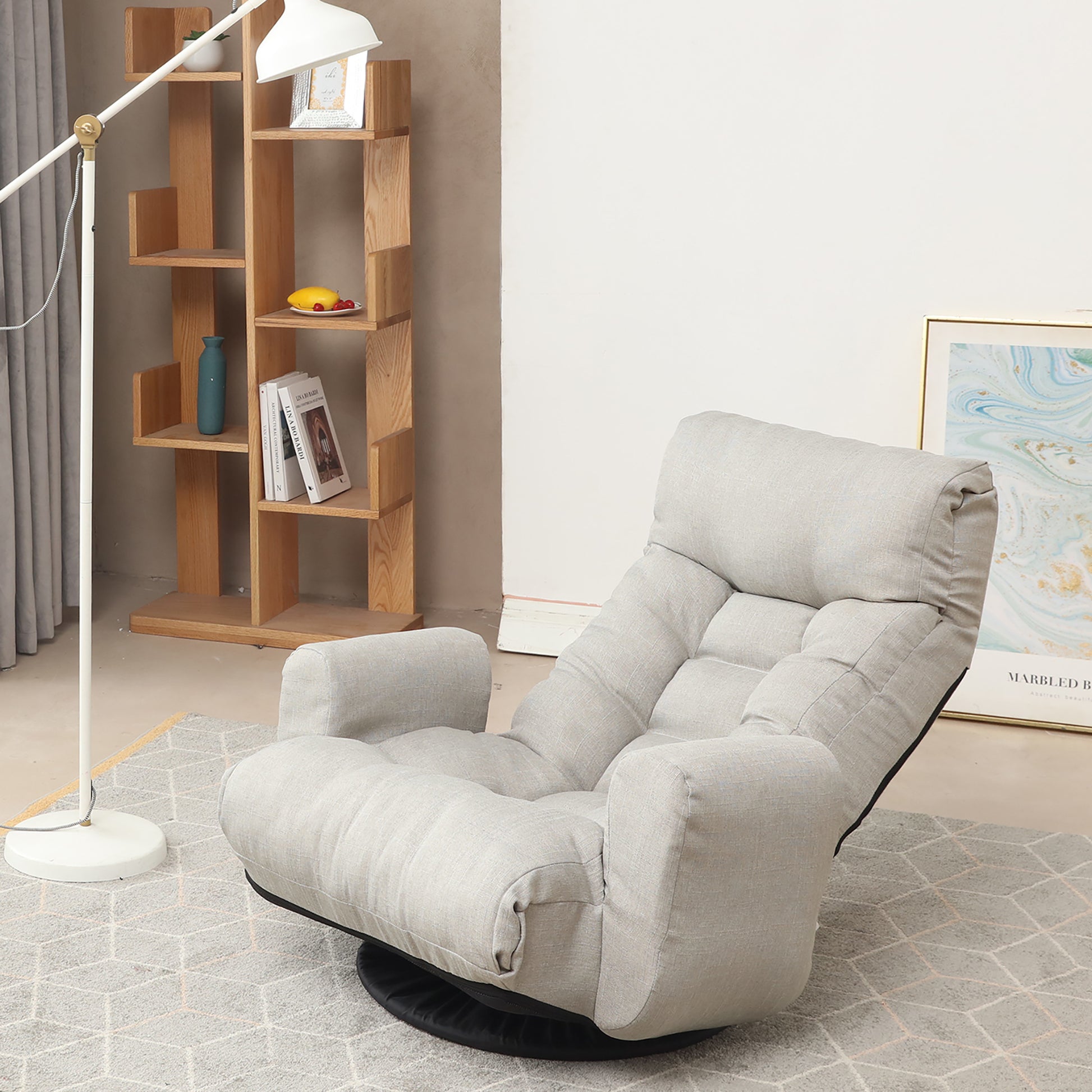 Swivel Indoor Recliner Floor Chair with Adjustable Headrest and Side Pockets- Gray