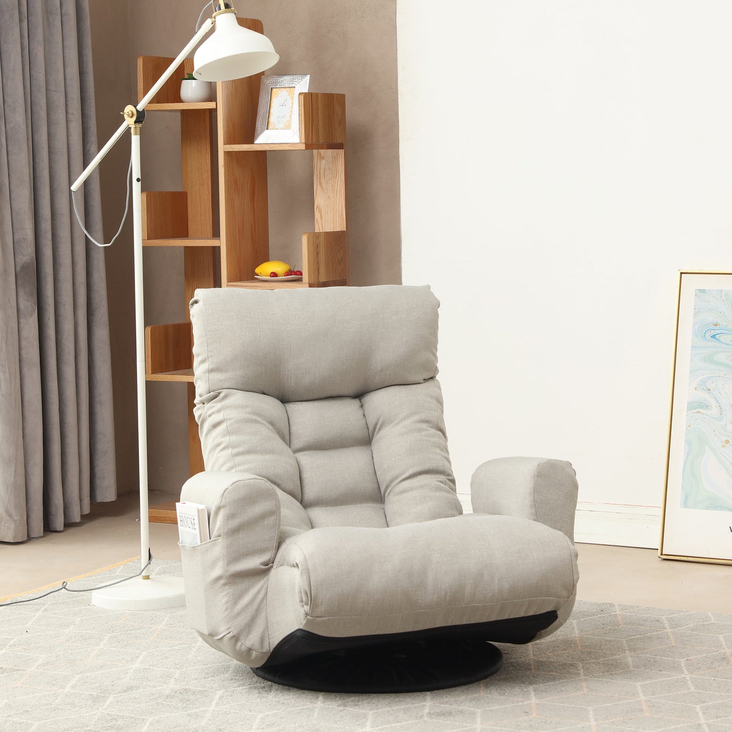 Swivel Indoor Recliner Floor Chair with Adjustable Headrest and Side Pockets- Gray