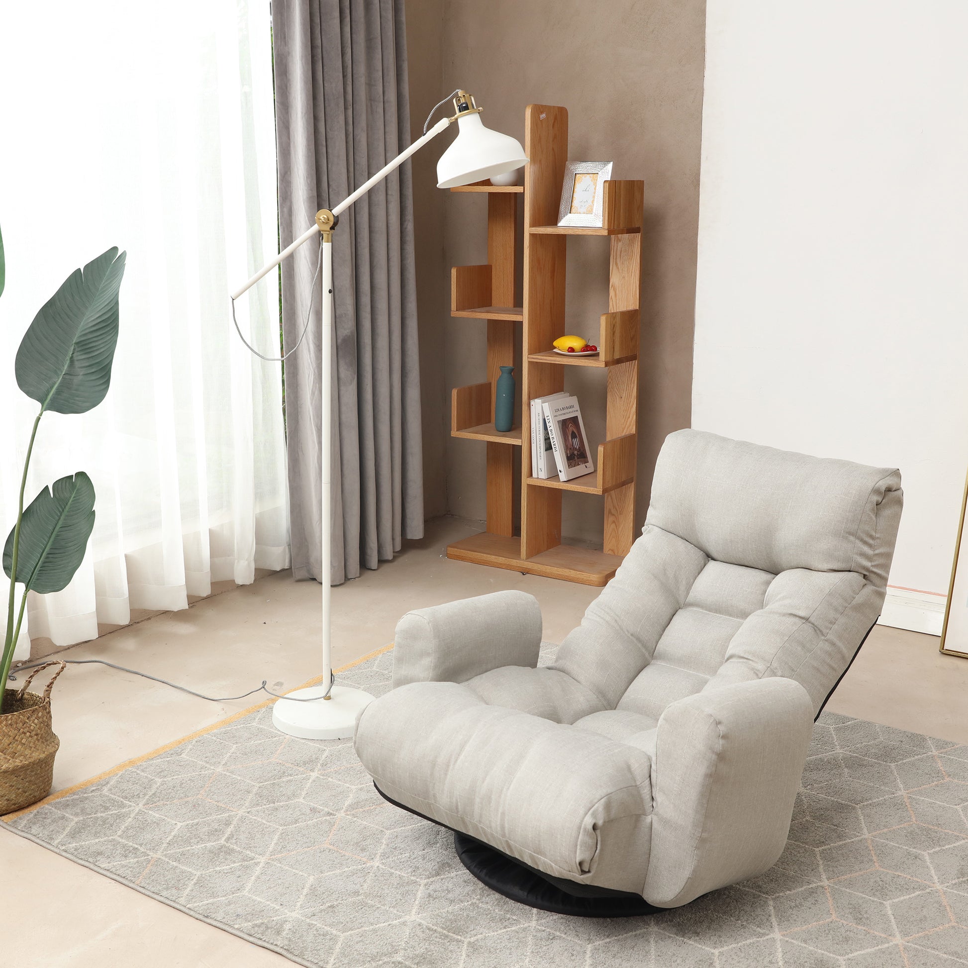 Swivel Indoor Recliner Floor Chair with Adjustable Headrest and Side Pockets- Gray