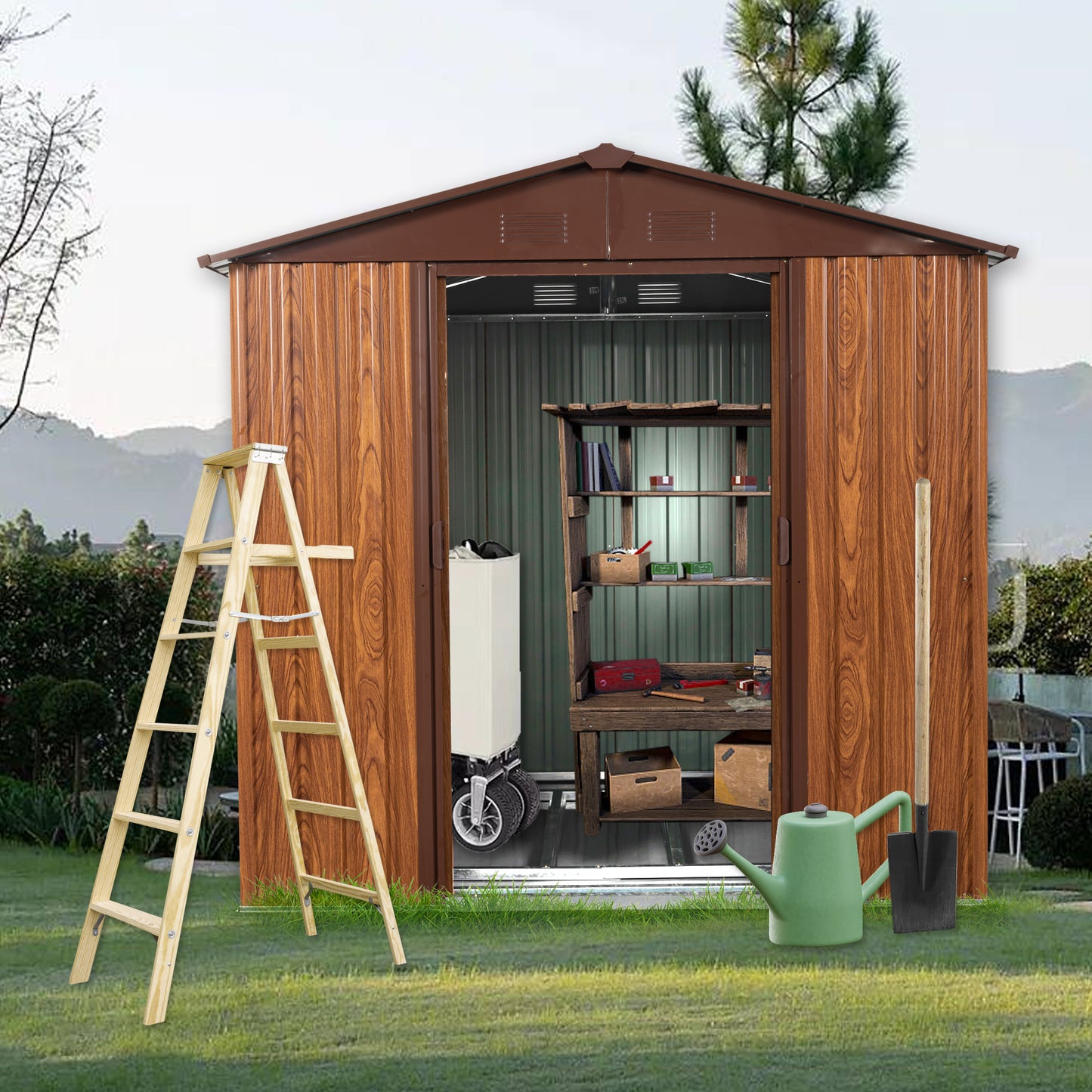 6ft x 6ft Outdoor Metal Storage Shed with Metal Floor Base and Window- Coffee