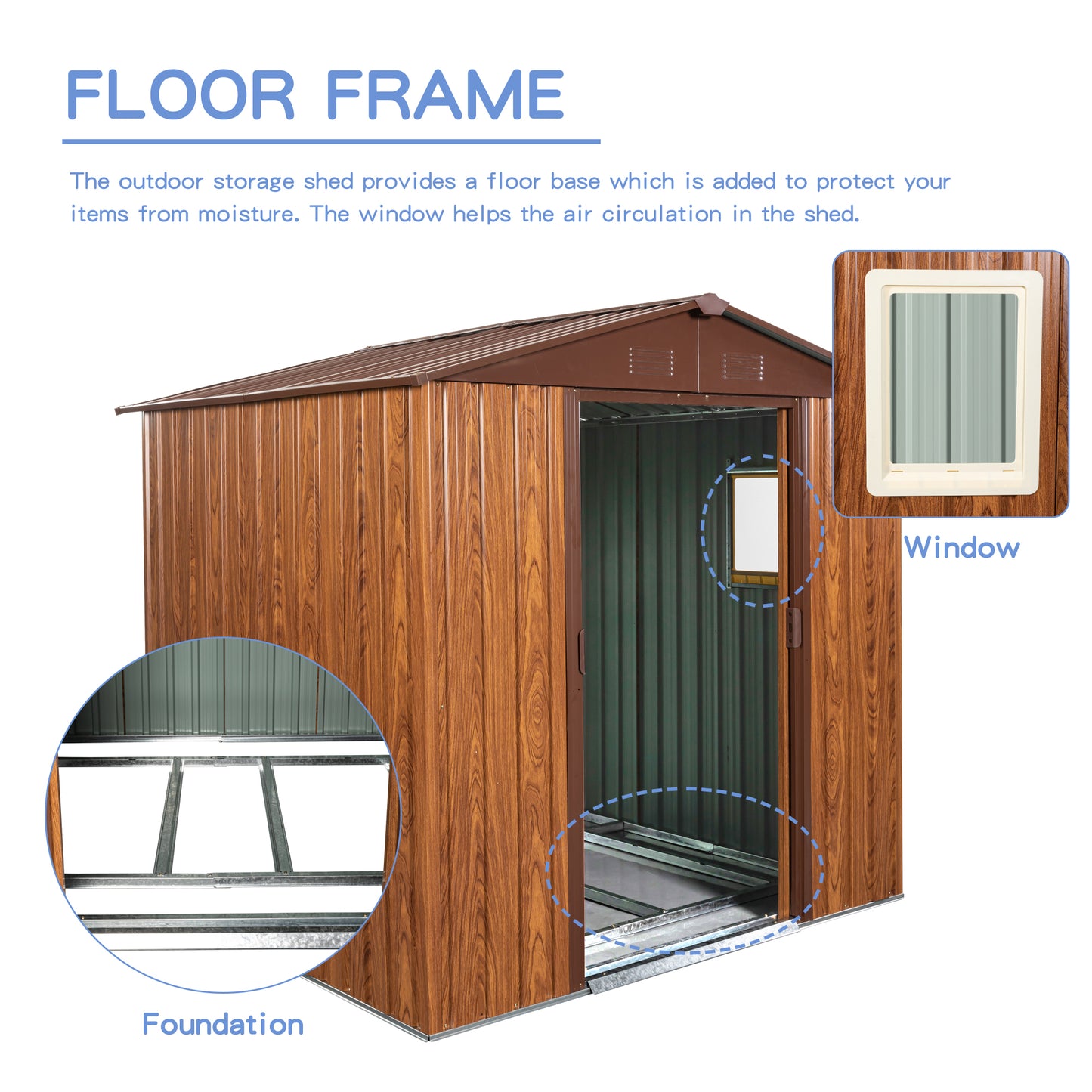 6ft x 6ft Outdoor Metal Storage Shed with Metal Floor Base and Window- Coffee