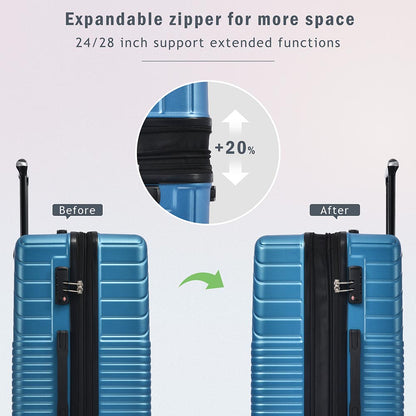 3-Piece Lightweight Hard-shell Luggage Set with Double Spinner Wheels and TSA Lock - Blue