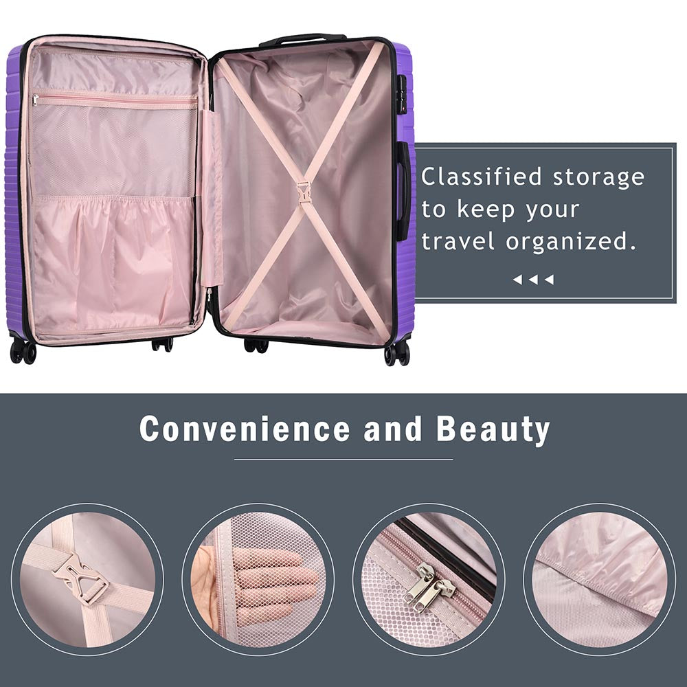 3-Piece Lightweight Hard-shell Luggage Set with Double Spinner Wheels and TSA Lock - Purple